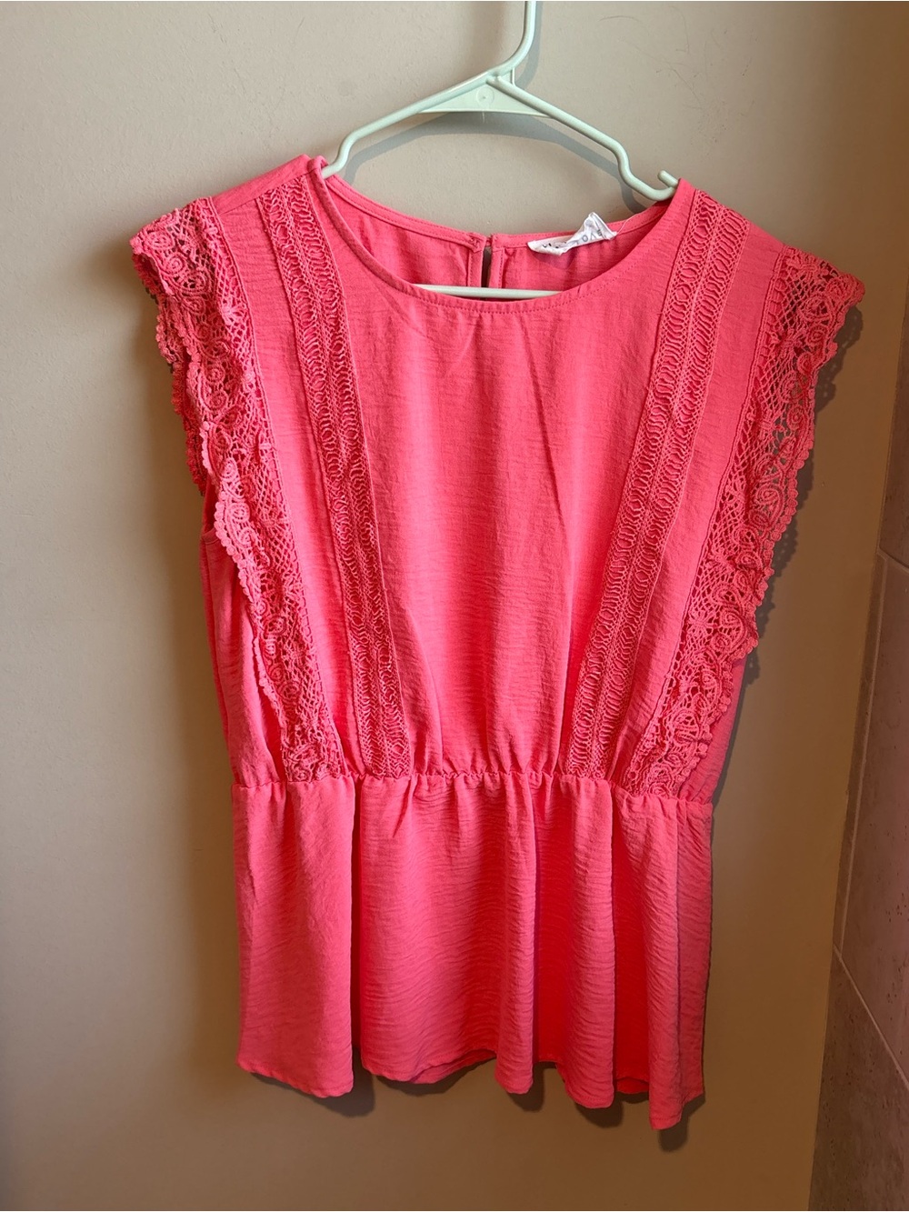 First Love Coral Pink Lace-Trim Peplum Blouse